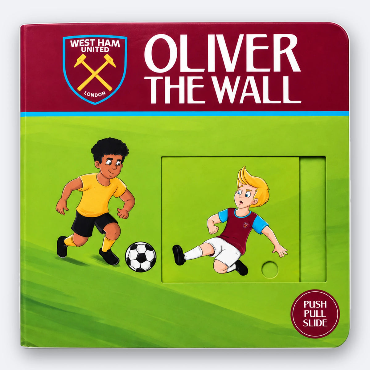 West-Ham-Schiebebuch, Oliver the Wall: das geschlossene Pappbilderbuch mit dem Vereinswappen und einem Schiebefenster