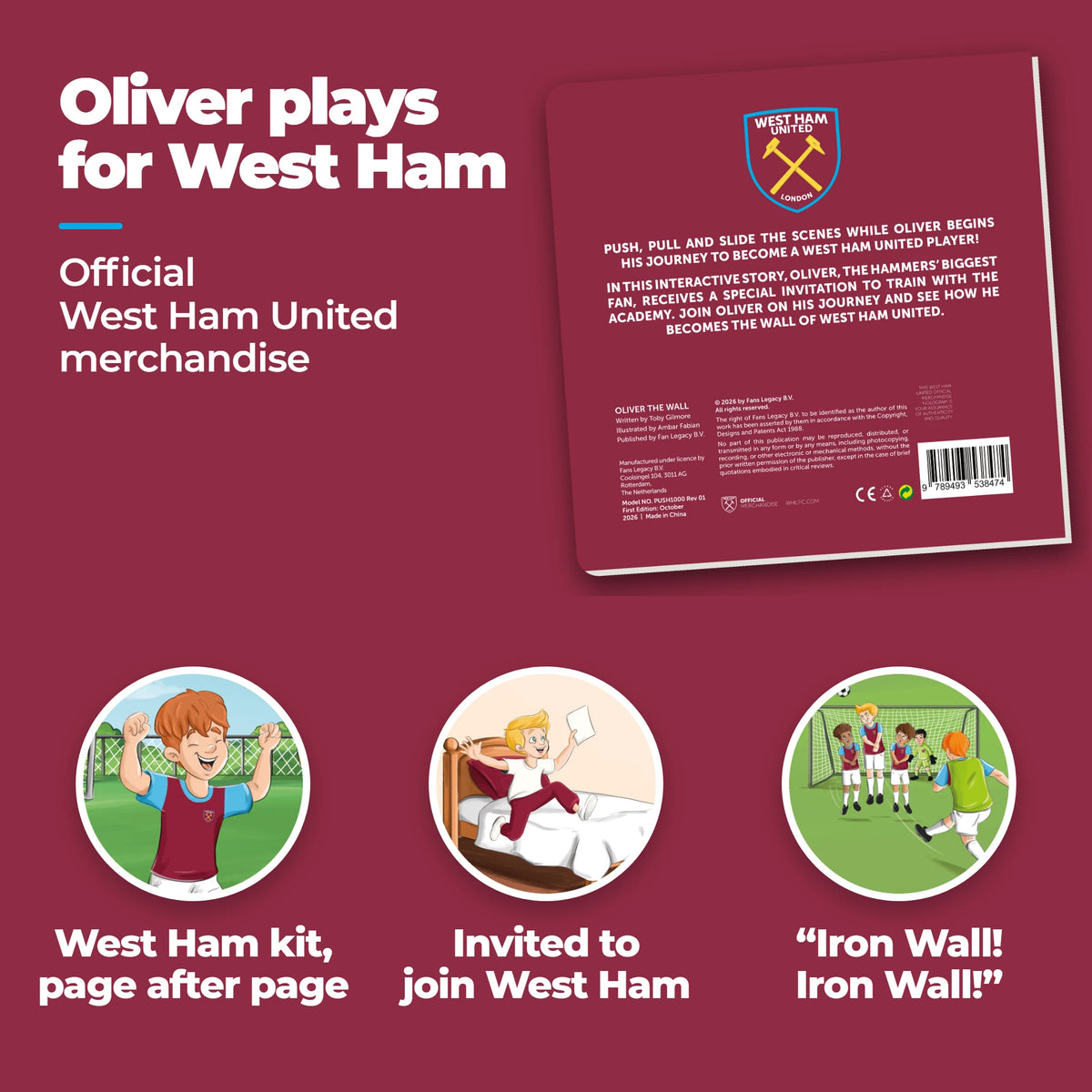 Rückseite des West-Ham-Schiebebuchs mit dem Wappen von West Ham United, dazu drei Ausschnitte aus dem Buch: das Trikot, der Brief der Akademie und die Mauer aus Verteidigern