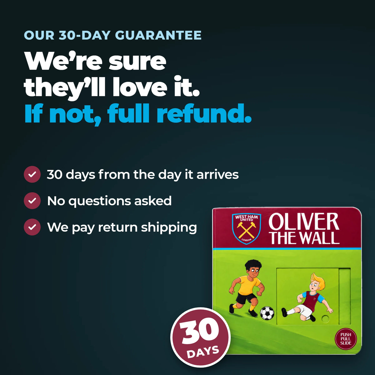 Unsere 30-Tage-Garantie neben dem West-Ham-Schiebebuch: 30 Tage ab Lieferung, keine Fragen, kostenlose Rückgabe