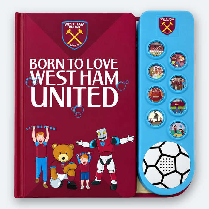 West Ham United Fan Chants Sound Book, closed, showing the cover and the eight illustrated sound buttons on the moulded panel.