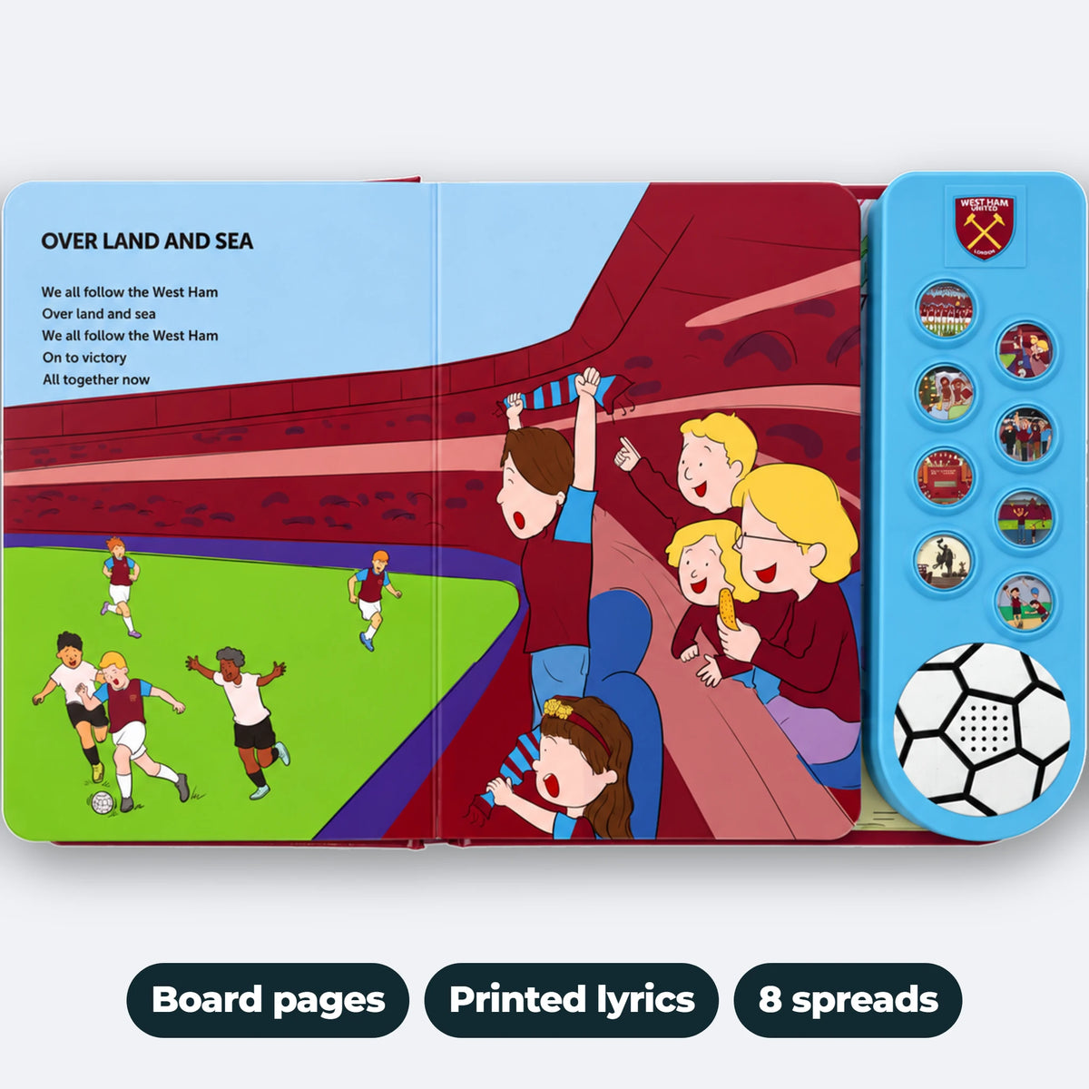 The West Ham United Sound Book open flat at Over Land And Sea, showing the printed lyrics, the illustration and the sound panel: board pages, printed lyrics, eight spreads.