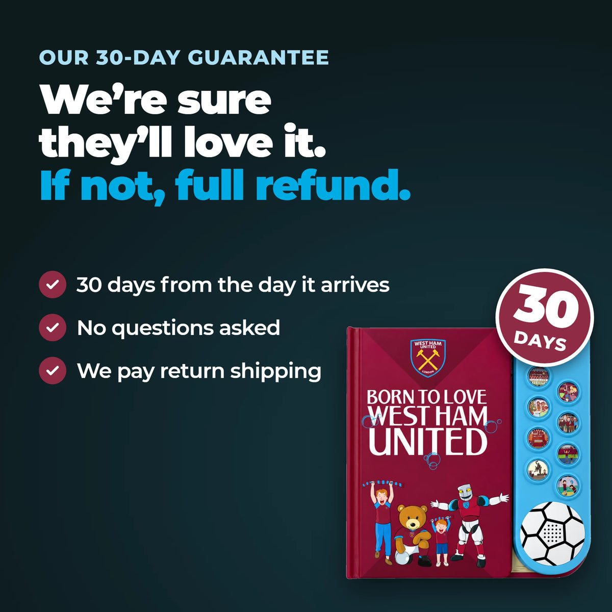 Our thirty-day guarantee on the West Ham United Sound Book: thirty days from the day it arrives, no questions asked, and we pay return shipping.