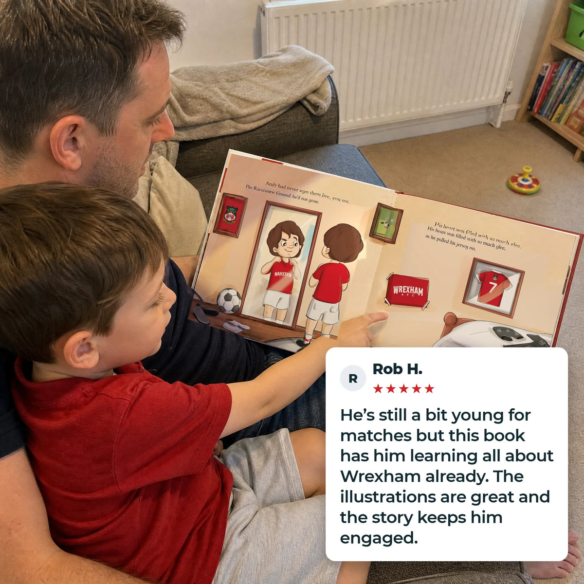A parent and child reading the Wrexham Personalised Book together, with a five-star customer review.