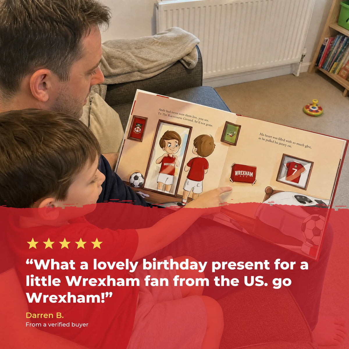 A father and his son on the sofa reading the Wrexham AFC Personalised Book together, over a five-star review from a verified buyer.