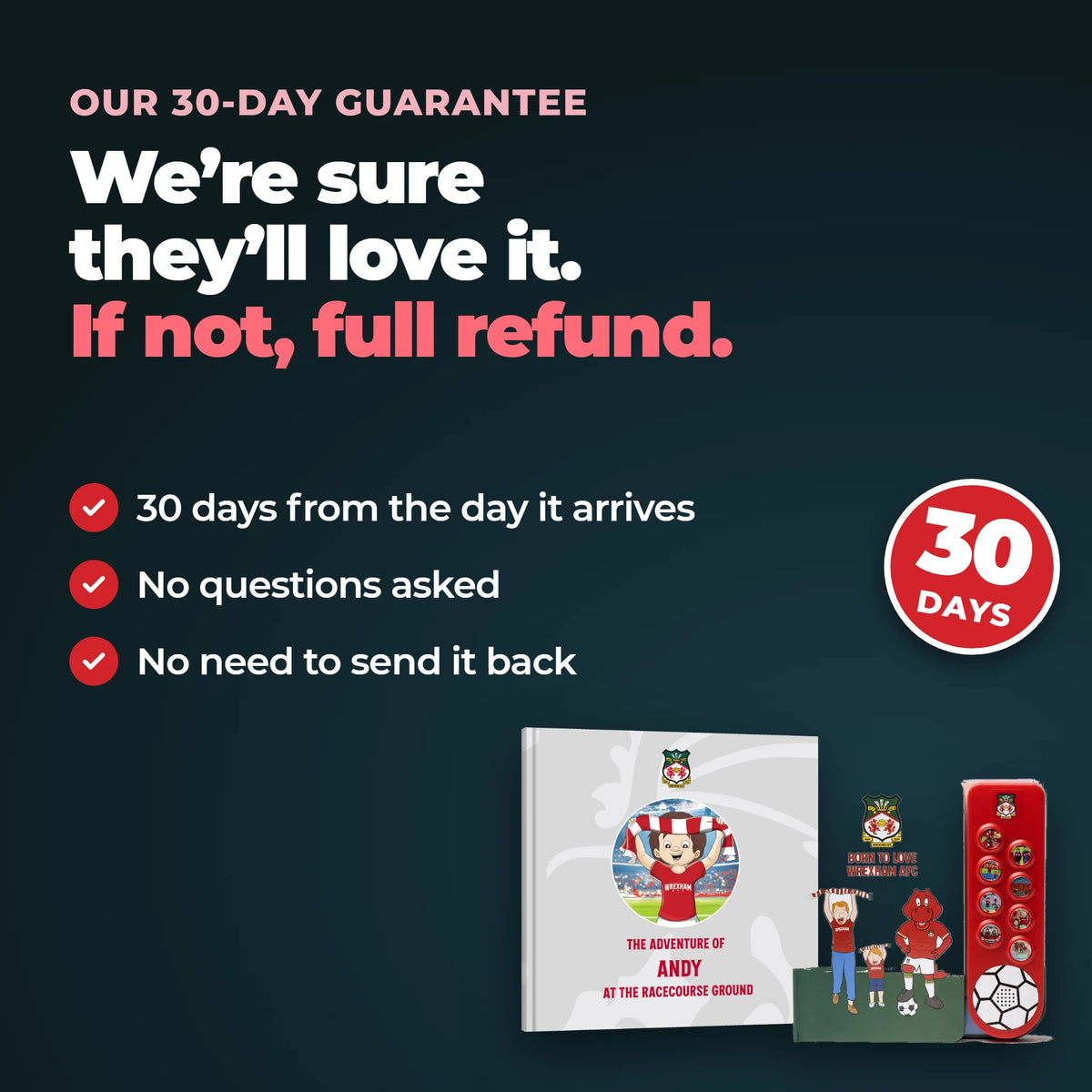 Our 30-day guarantee on the set: 30 days from the day it arrives, no questions asked, no need to send it back.