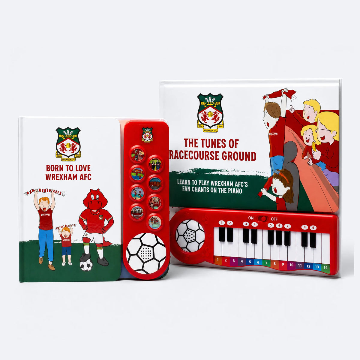 Wrexham AFC Sound Book and Piano Book together, the Sound Book standing in front of the Piano Book.
