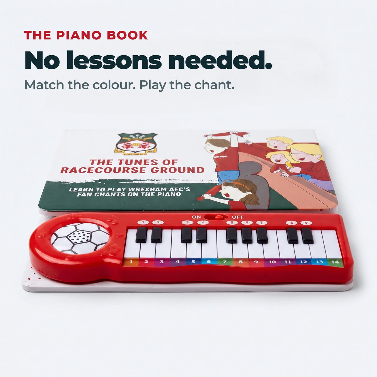 La tastiera del Libro di Pianoforte del Wrexham AFC: quattordici tasti numerati e colorati, così un bambino può suonare un coro senza lezioni.
