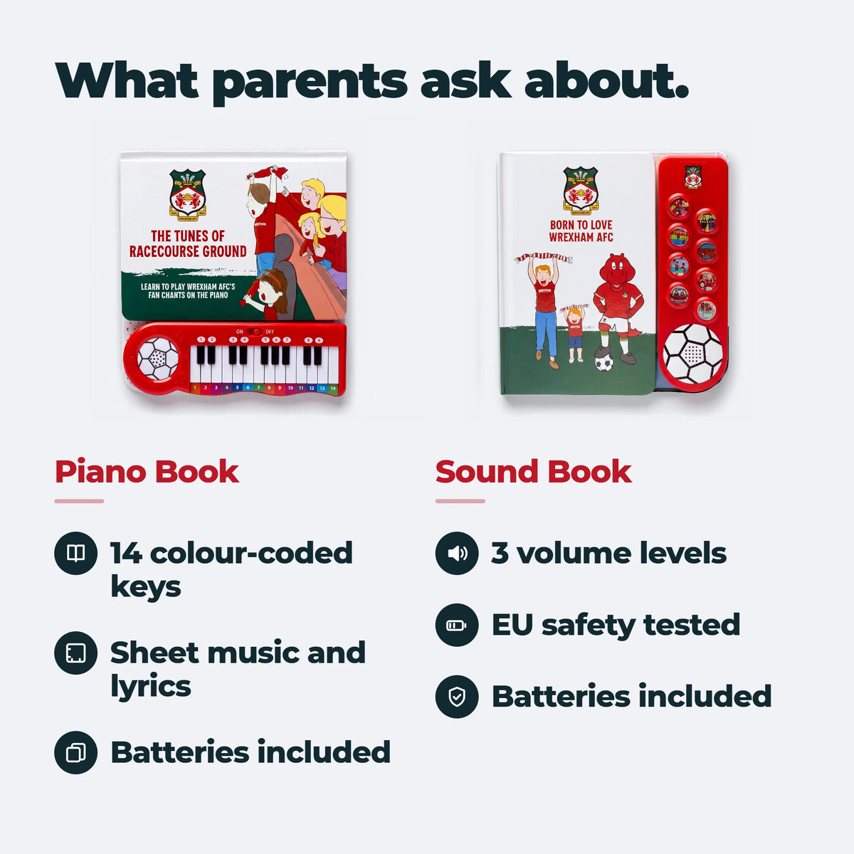 Quello che chiedono i genitori sul set: il Libro di Pianoforte ha quattordici tasti colorati, spartiti e testi; il libro sonoro ha tre livelli di volume ed è testato secondo la norma europea sulla sicurezza. Le pile sono incluse in entrambi.