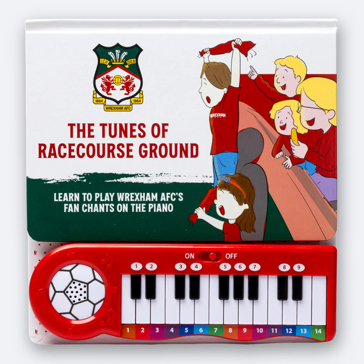 The Wrexham AFC Fan Chants Piano Book, cover and full colour-coded keyboard.