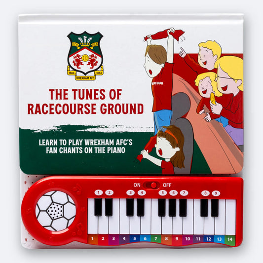 The Wrexham AFC Fan Chants Piano Book, cover and full colour-coded keyboard.