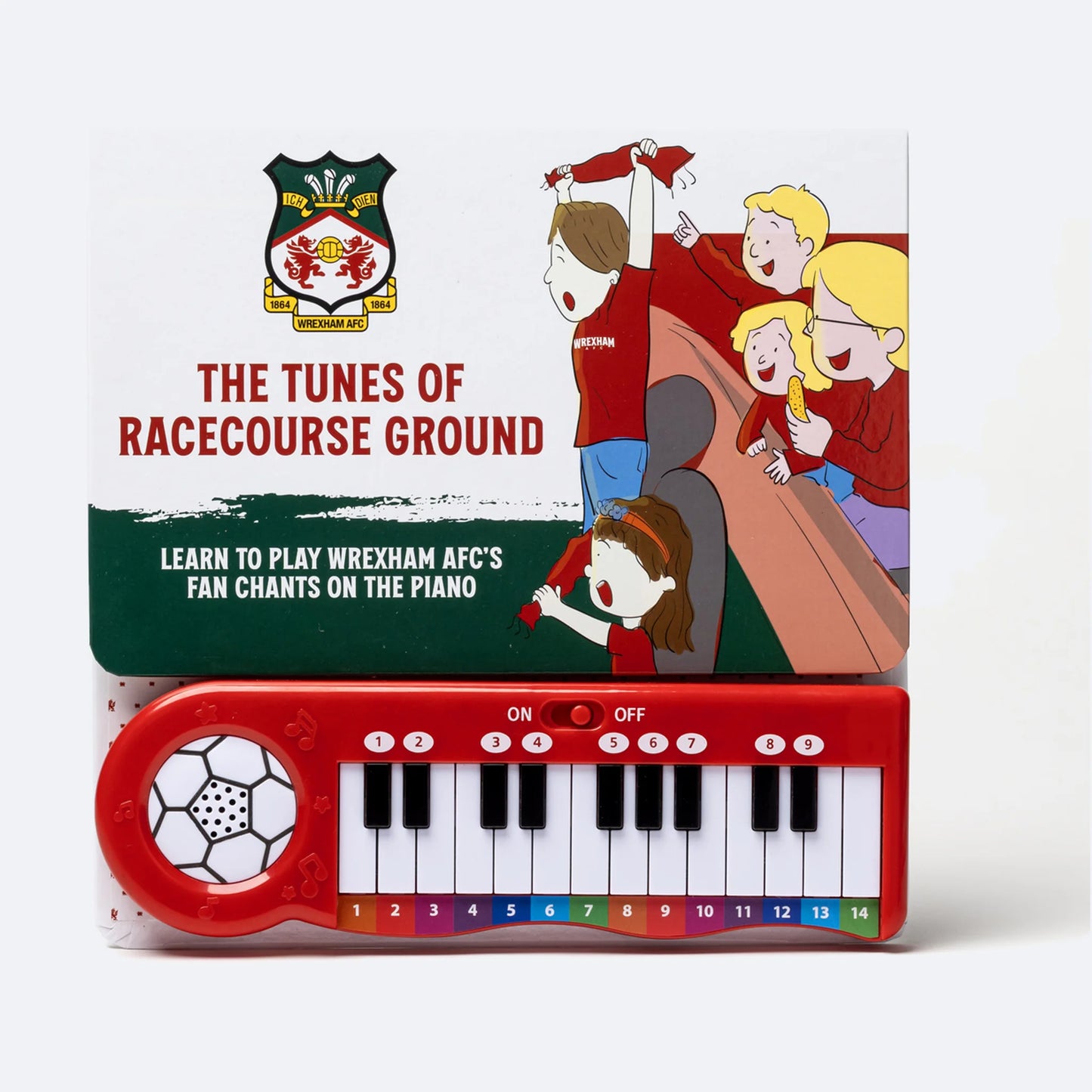 The Wrexham AFC Fan Chants Piano Book, cover and full colour-coded keyboard.