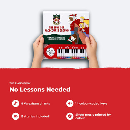 Two hands holding the Wrexham AFC Piano Book, showing its size, with four features listed beside it.