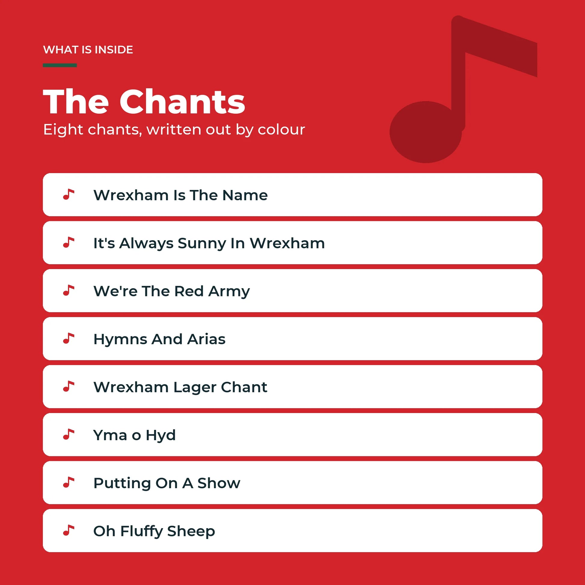 The eight Wrexham AFC chants in the Piano Book, written out as colour-coded notes.
