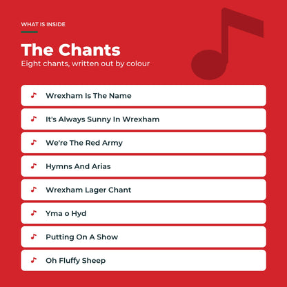 The eight Wrexham AFC chants in the Piano Book, written out as colour-coded notes.