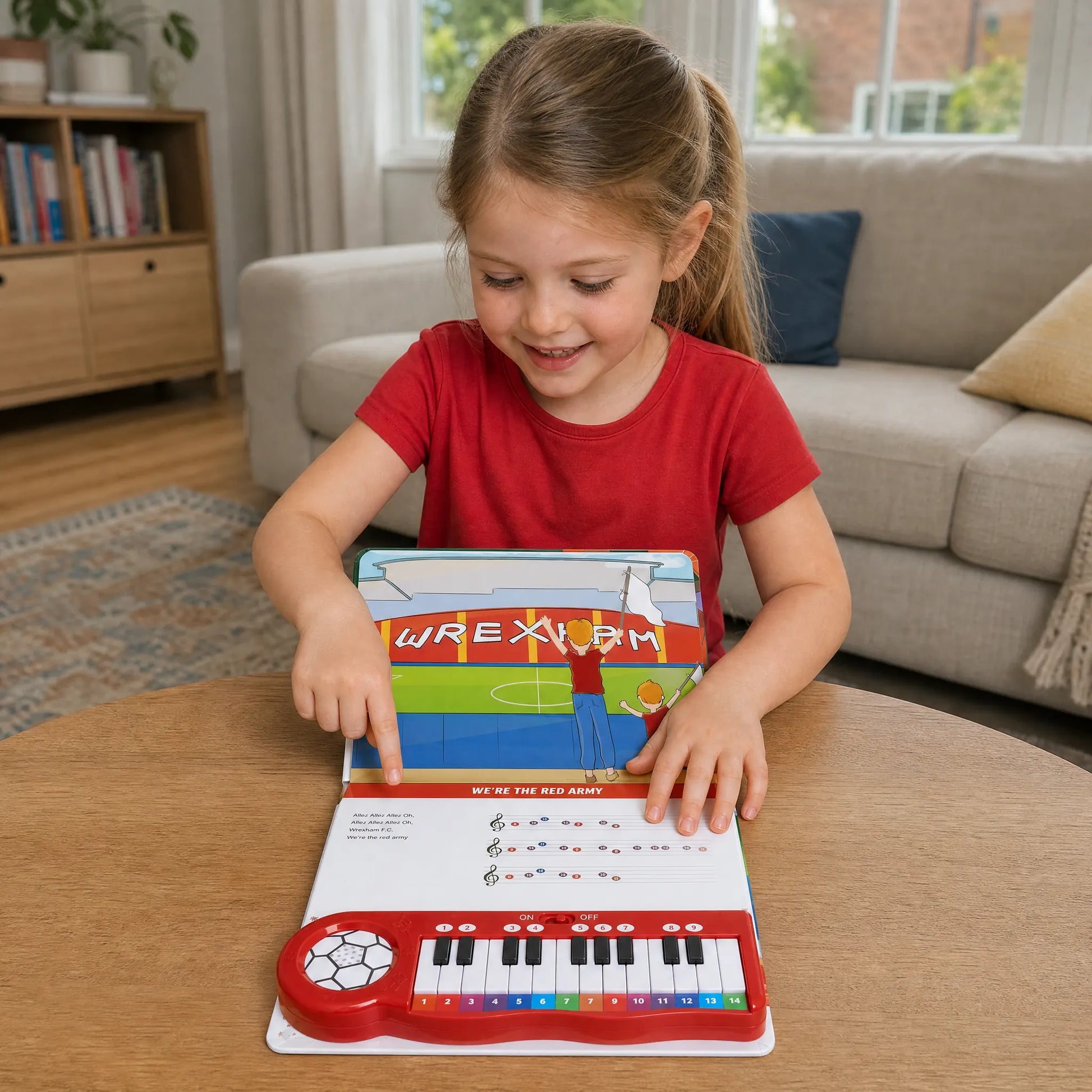 A girl at the coffee table playing the Wrexham AFC Piano Book, her hands on the colour-coded keys.