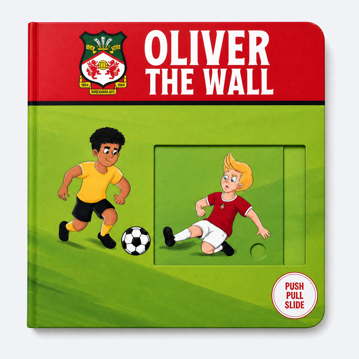 Libro con Cursori del Wrexham, Oliver the Wall: la copertina del cartonato con lo stemma del club e una finestra scorrevole