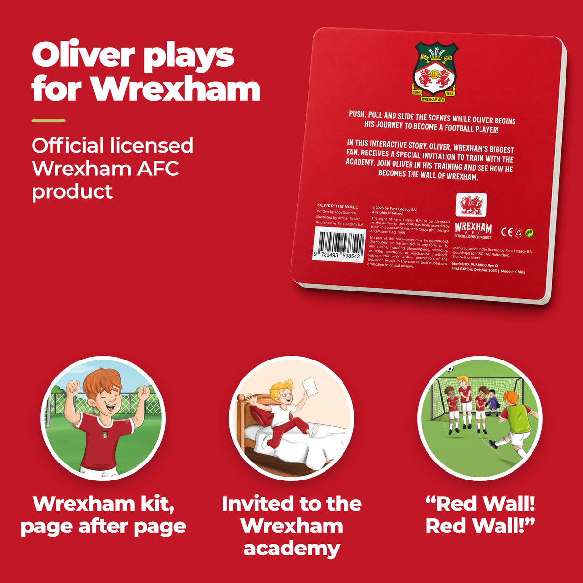 Retro del Libro con Cursori del Wrexham con lo stemma del Wrexham AFC, e tre dettagli dall'interno: la divisa, la lettera dell'academy e la barriera di difensori