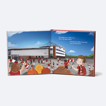 The Personalised Book open at the arrival spread, the child among the crowd outside the Racecourse Ground.