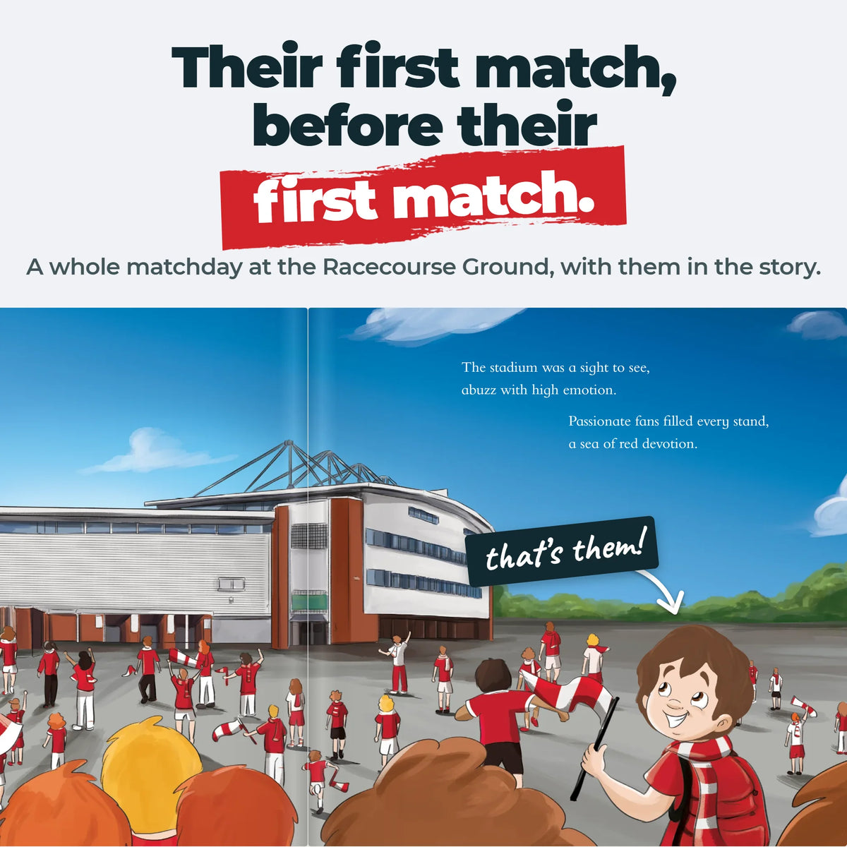 An inside spread of the Personalised Book: the child arriving at the Racecourse Ground among the crowd.