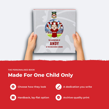 Two hands holding the Wrexham AFC Personalised Book, showing its size, with four features listed beside it.