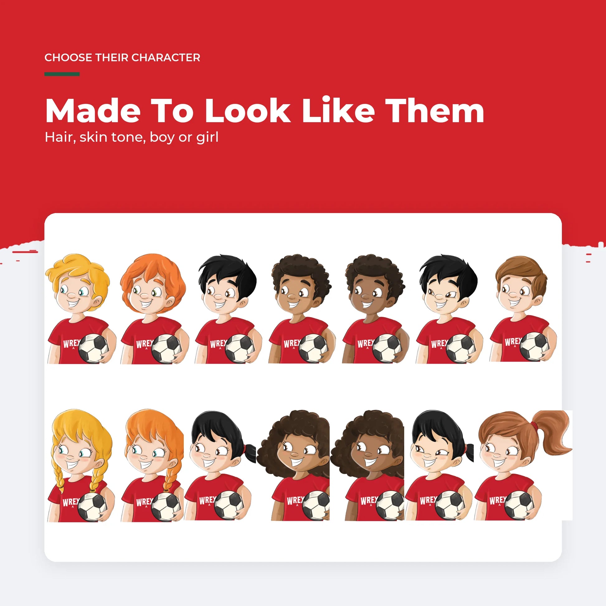 The fourteen Wrexham AFC character options in the Personalised Book — seven per gender.