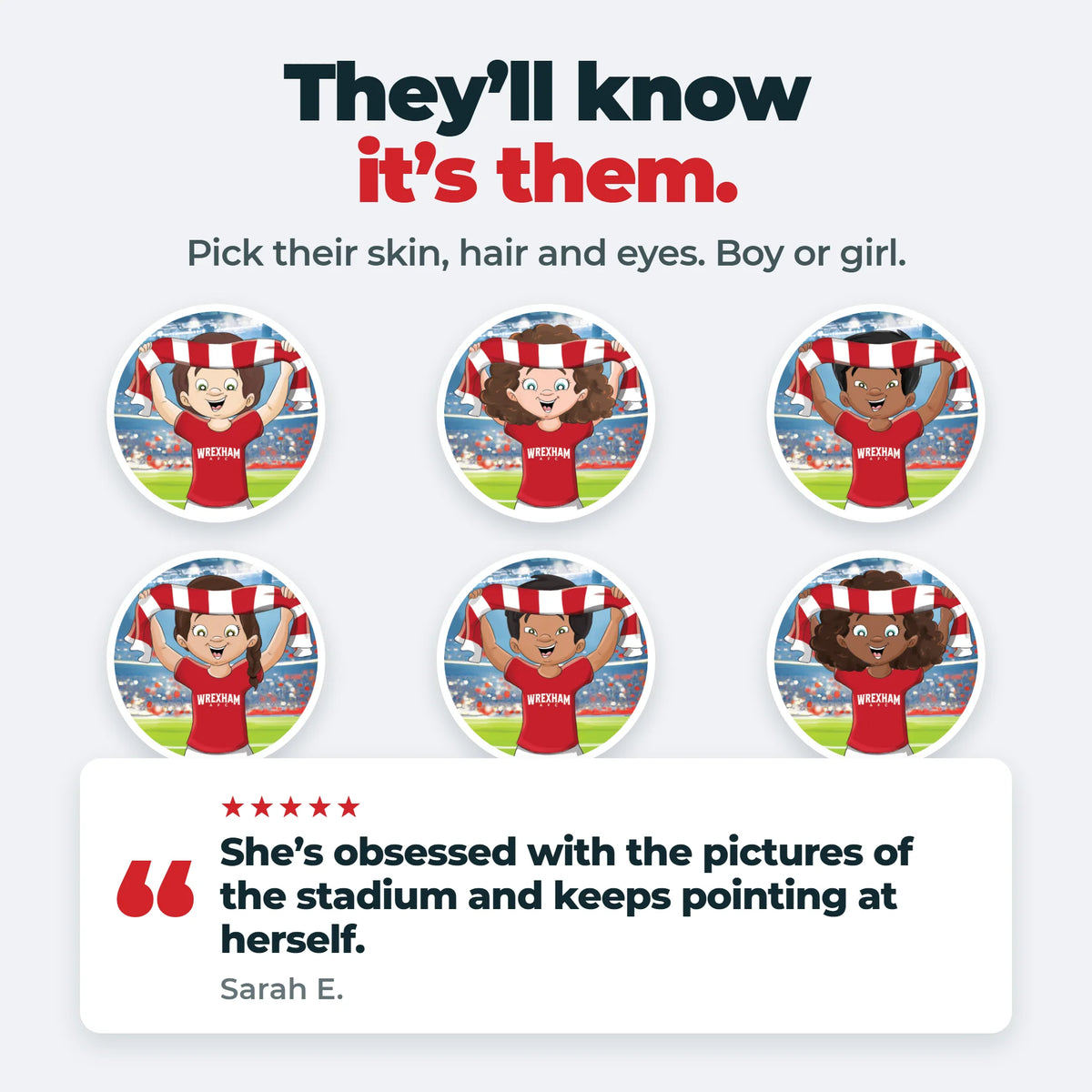 Six of the Wrexham AFC characters you can build — three girls and three boys, in all six skin tones.
