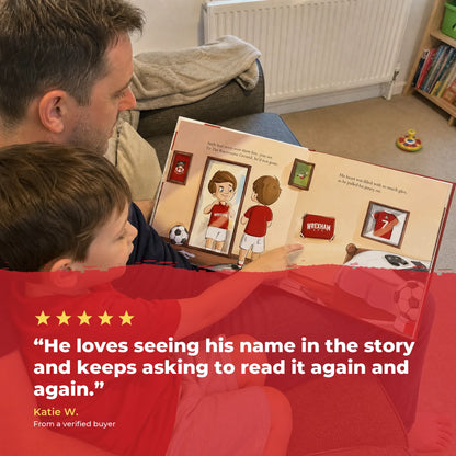 A father and his son on the sofa reading the Wrexham AFC Personalised Book together, over a five-star review from a verified buyer.