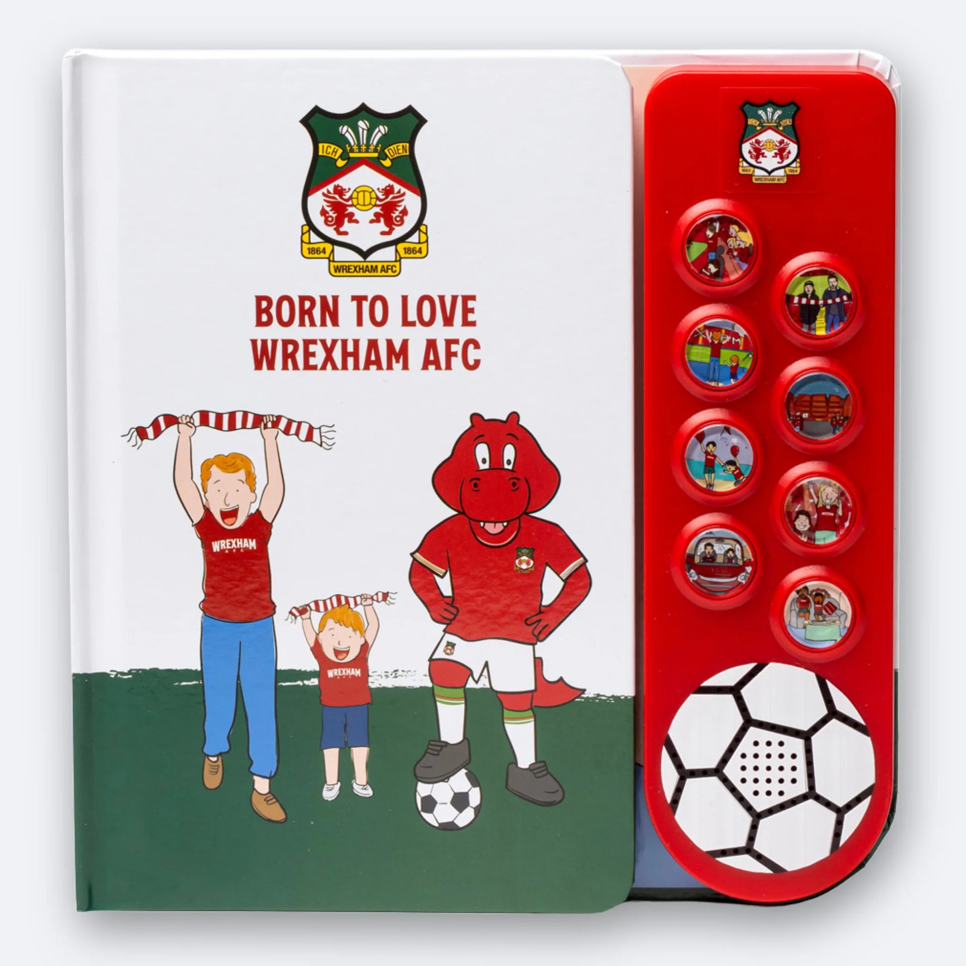 The Wrexham AFC Fan Chants Sound Book, cover and the eight illustrated sound buttons.