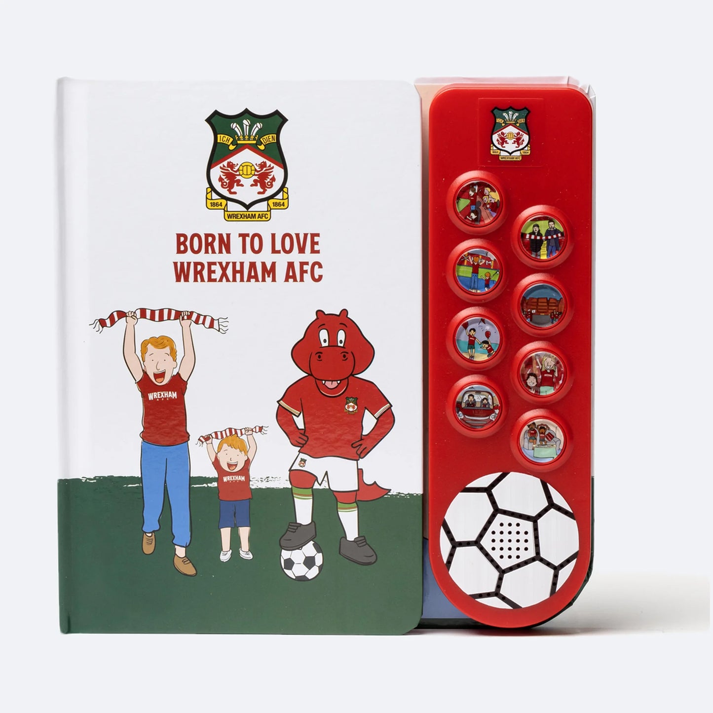 The Wrexham AFC Fan Chants Sound Book, cover and the eight illustrated sound buttons.