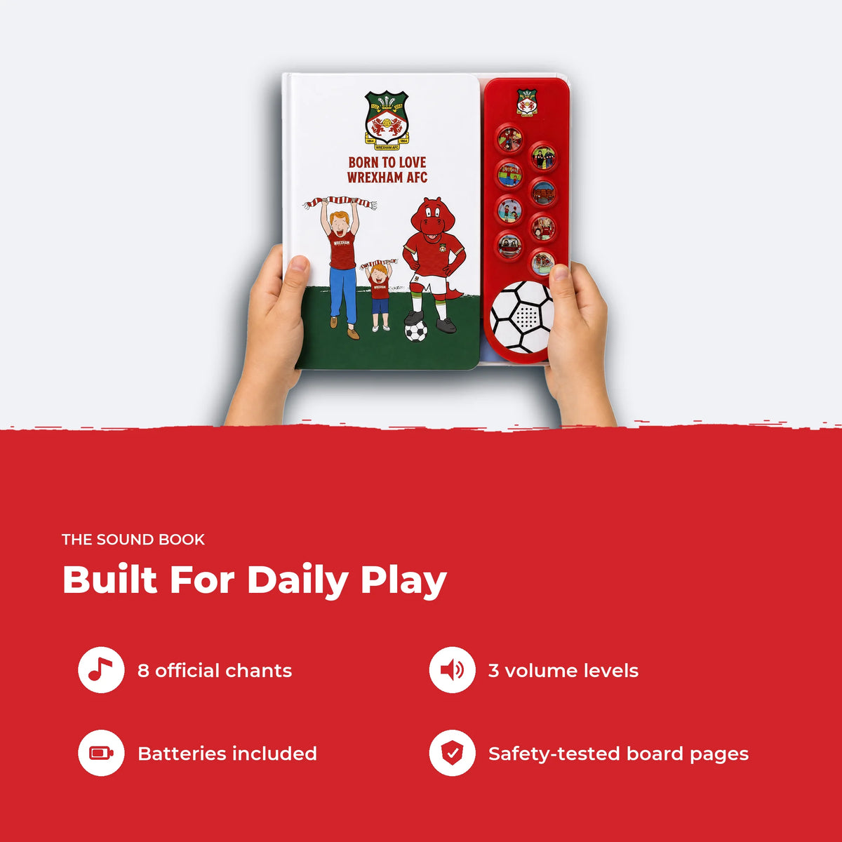 Two hands holding the Wrexham AFC Sound Book, showing its size, with four features listed beside it.