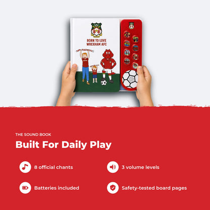 Two hands holding the Wrexham AFC Sound Book, showing its size, with four features listed beside it.