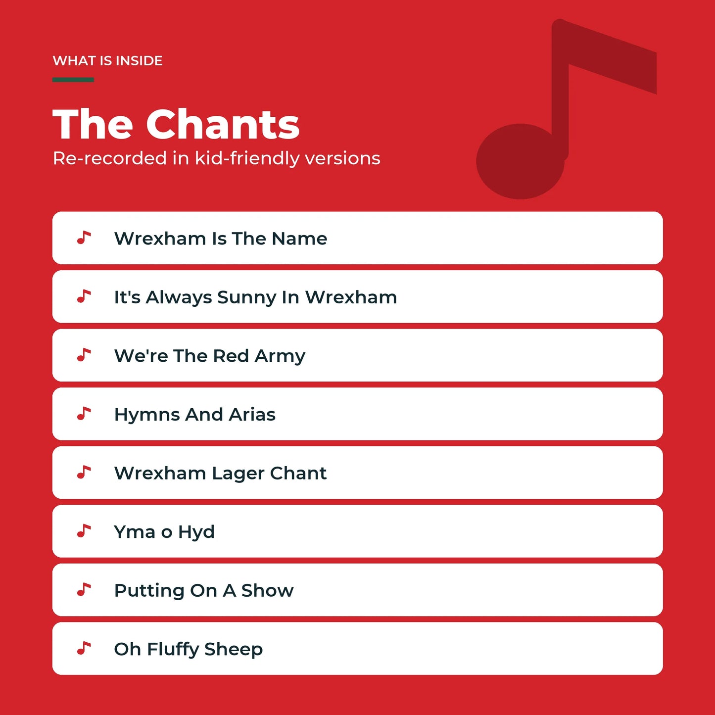The eight Wrexham AFC chants in the Sound Book, re-recorded in kid-friendly versions.