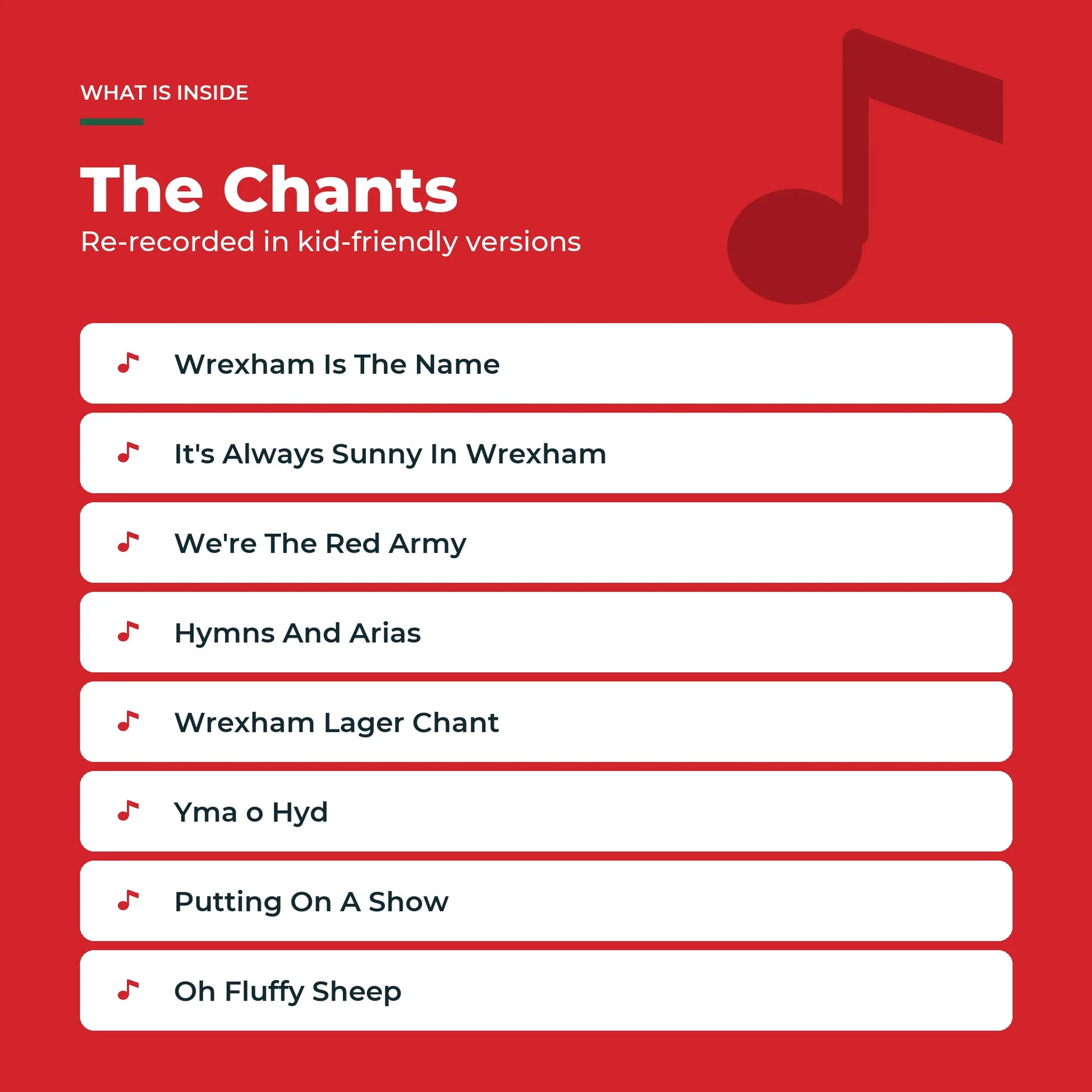 The eight Wrexham AFC chants in the Sound Book, re-recorded in kid-friendly versions.