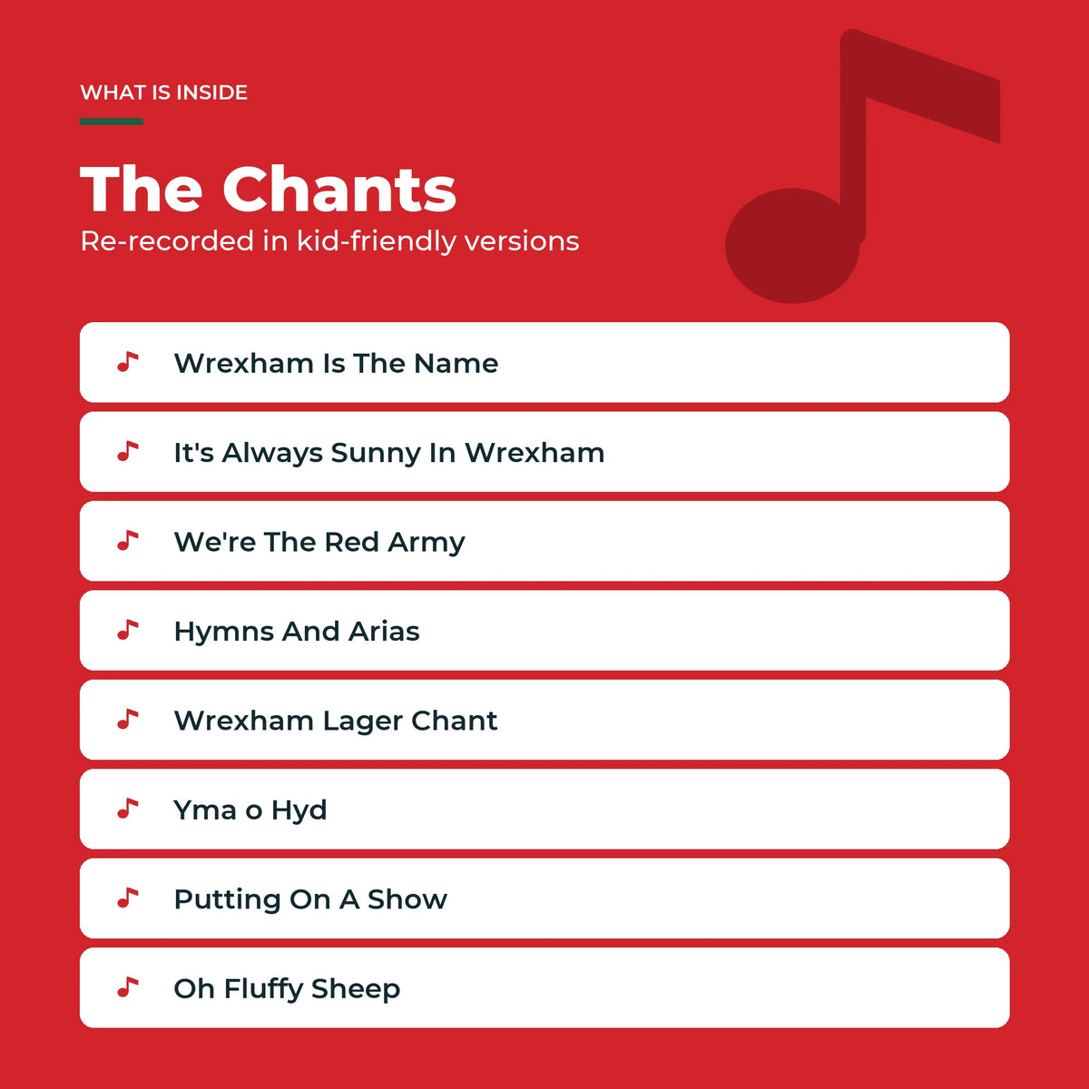 The eight Wrexham AFC chants in the Sound Book, re-recorded in kid-friendly versions.