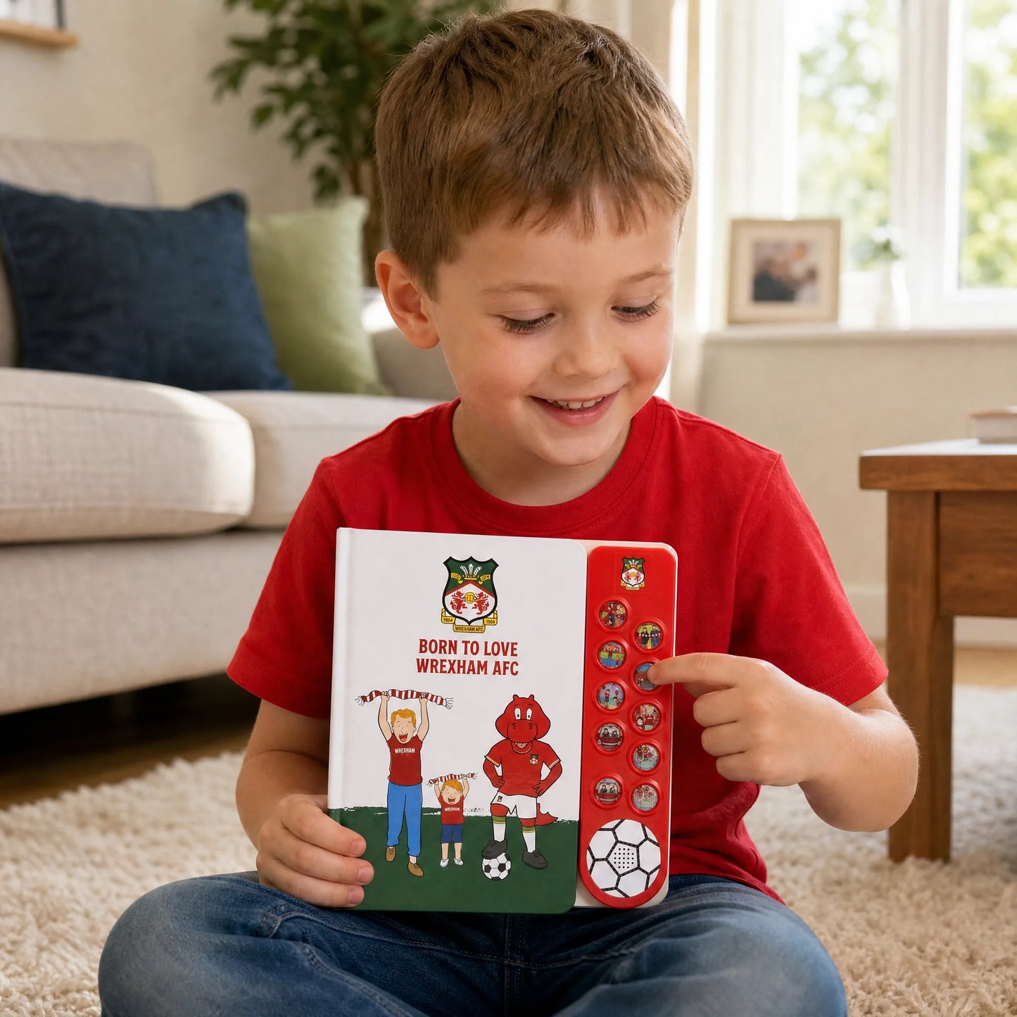 A boy in a red Wrexham shirt sitting on the rug at home, pressing one of the sound buttons on the Wrexham AFC Sound Book.