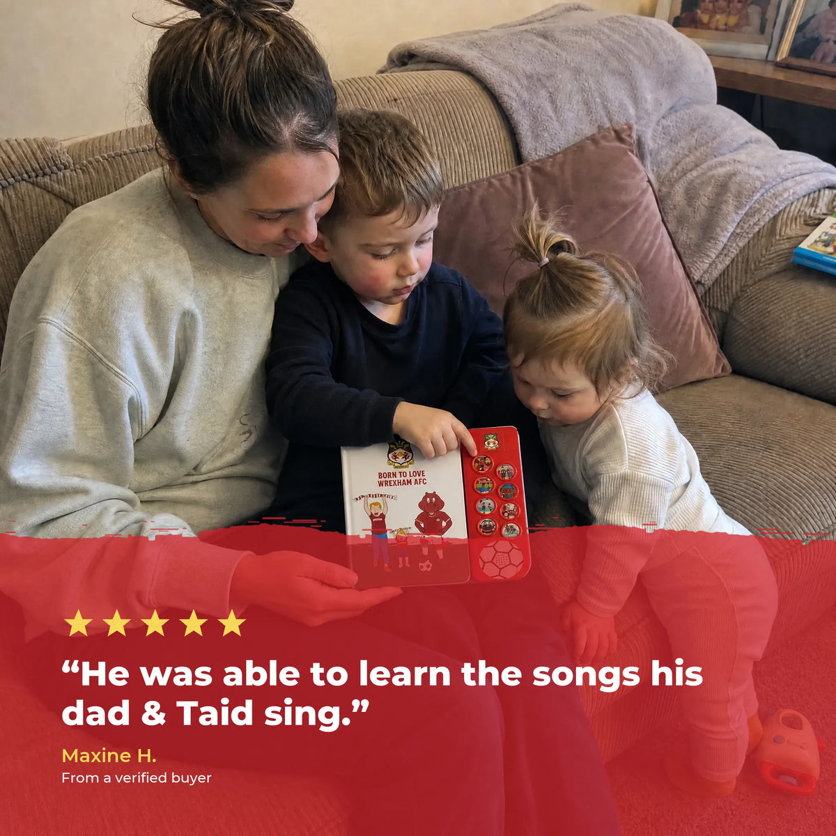 A mother and her two children on the sofa with the Wrexham AFC Sound Book, over a five-star review from a verified buyer.