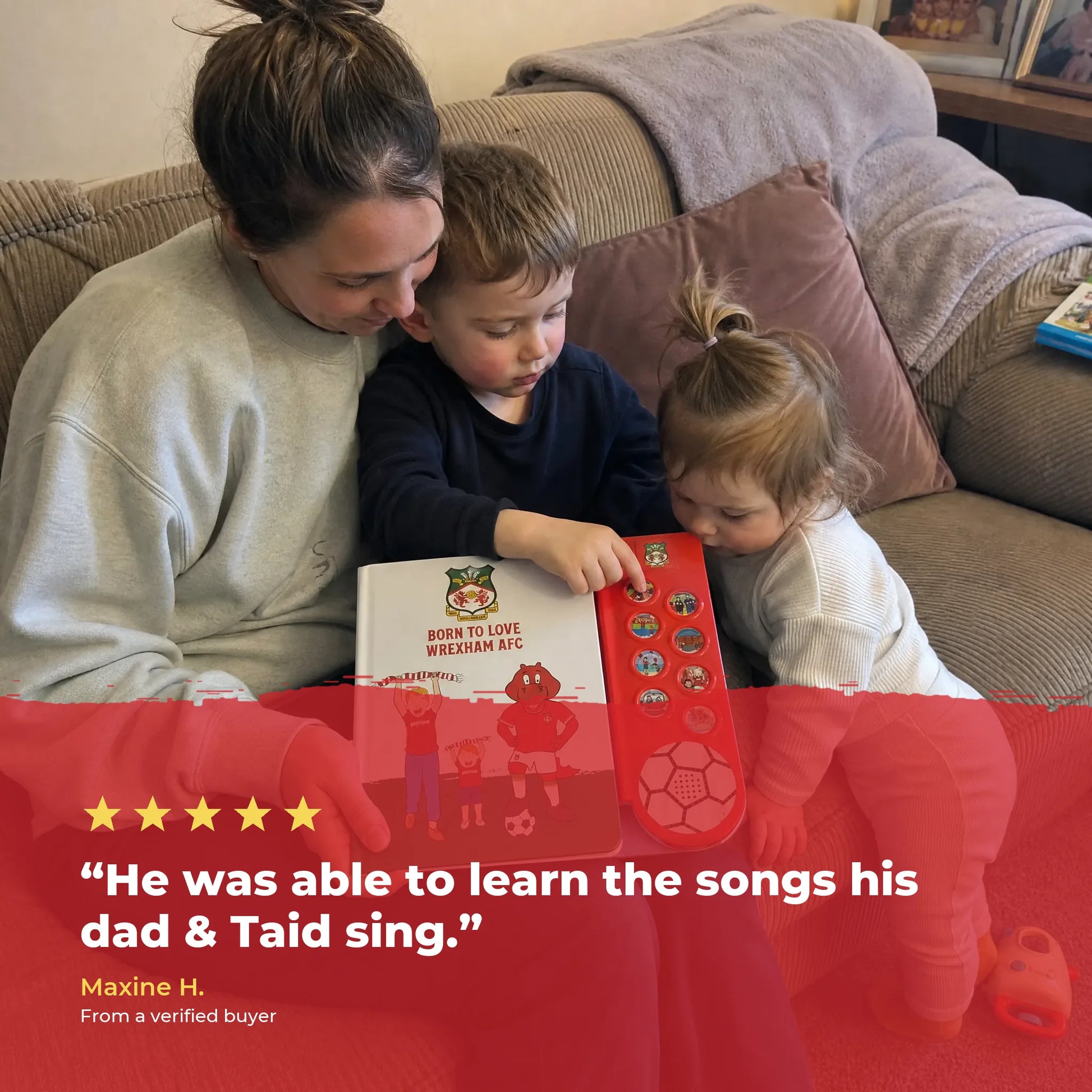 A mother and her two children on the sofa with the Wrexham AFC Sound Book, over a five-star review from a verified buyer.